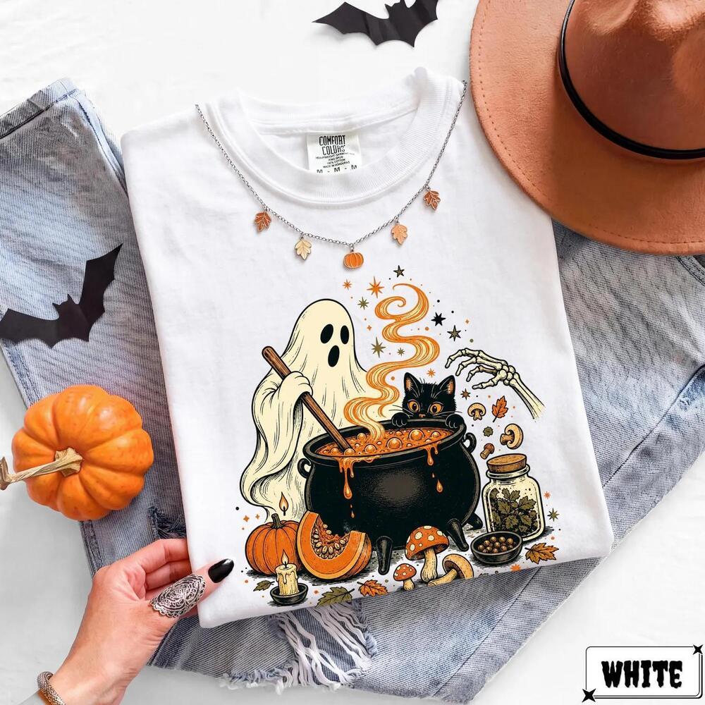 Black Cat Halloween Shirt, Cute Witchy Ghost Tee, Witches Brew Shirt
